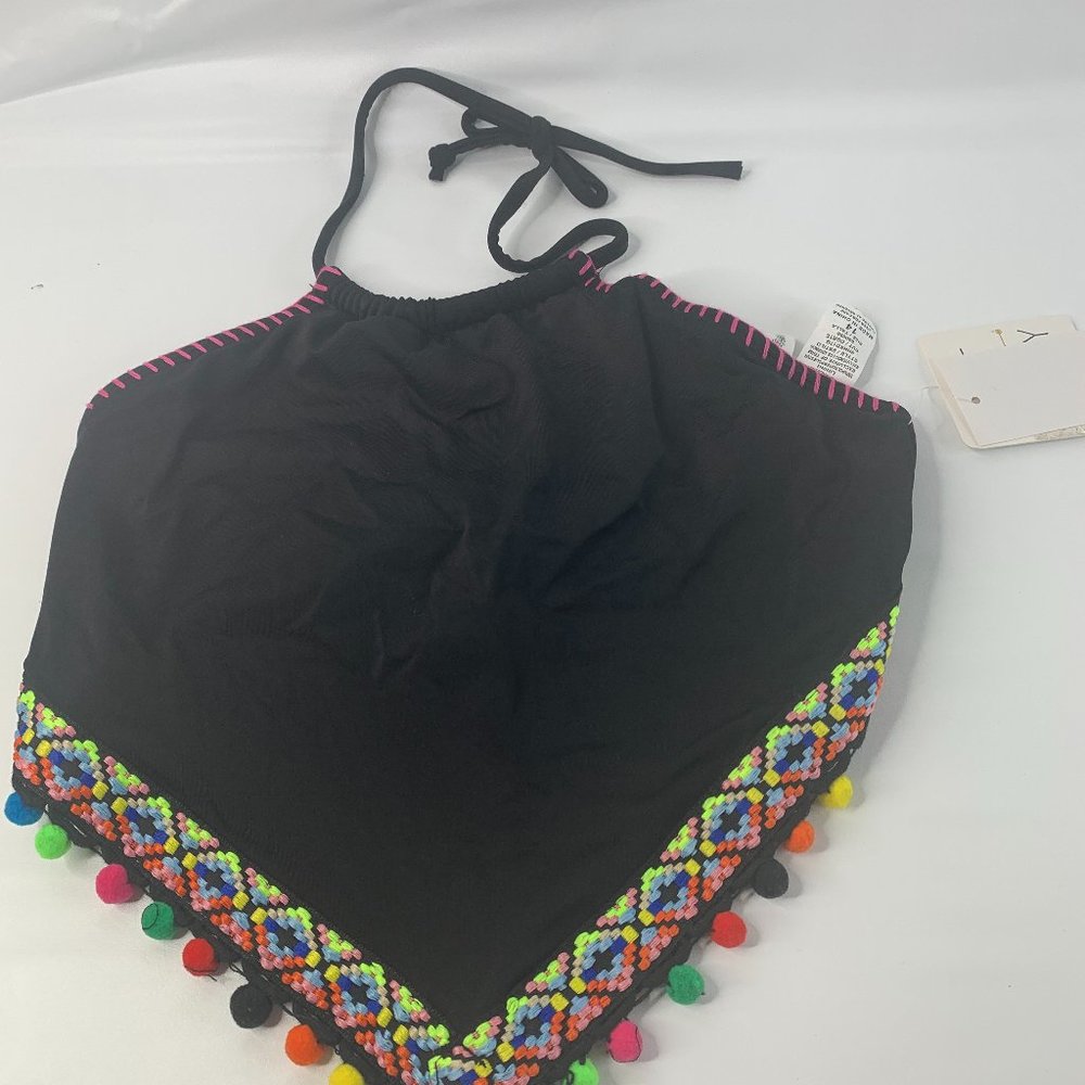 Heart & Harmony Womens Black Halter Neck Tie Back Embroidered Bandana Top Sz 14